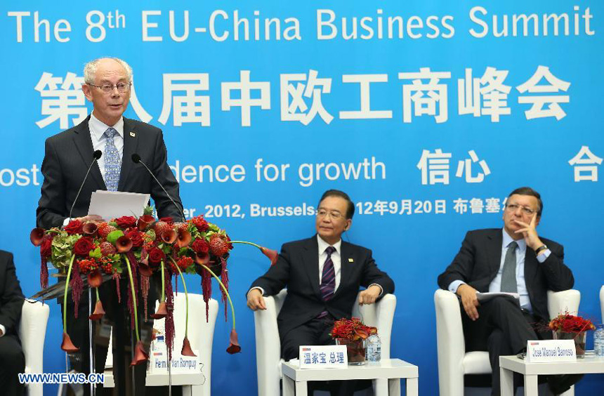 President of the European Council Herman Van Rompuy (L) addresses the 8th EU-China Business Summit in Brussels, Belgium, Sept. 20, 2012. Chinese Premier Wen Jiabao attended the summit on Thursday. 
