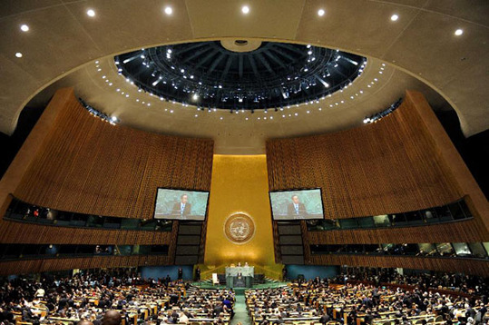 UN Secretary-General Ban Ki-moon addresses the 67th session of the UN General Assembly's annual general debate at the UN headquarters in New York, the United States, Sept. 25, 2012.  [Xinhua]