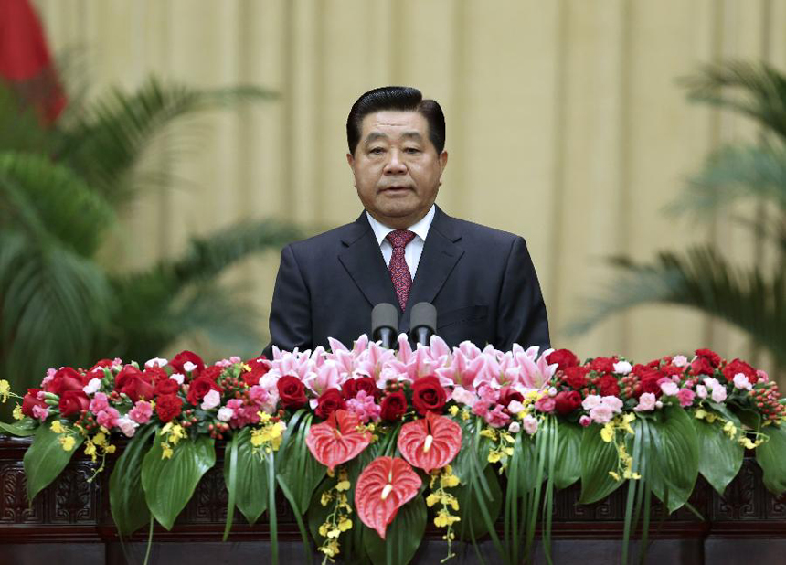 Jia Qinglin, chairman of the National Committee of the Chinese People&apos;s Political Consultative Conference (CPPCC), addresses a reception marking the 63rd anniversary of the founding of the People&apos;s Republic of China in Beijing, capital of China, Sept. 28, 2012. 