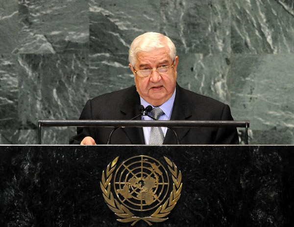 Walid Al-Moualem, the deputy prime minister and foreign minister of Syria, addresses the 67th United Nations General Assembly at the U.N. Headquarters in New York, the United States, Oct. 1, 2012. Syria on Monday accused the United States and its allies, who make up part of the permanent members of the UN Security Council, of supporting terrorism in the Middle East country 'under the pretext of humanitarian intervention' and 'under the pretext of the 'Responsibility to Protect'.' [Xinhua]