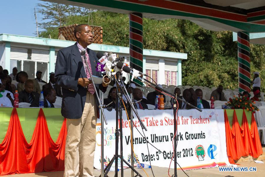 Kenyan Education Minister Mutula Kilonzo delivers a speech at a ceremony to mark the 2012 World Teachers' Day in Nairobi, Kenya, Oct. 5, 2012. Since the World Teachers Day was created by the United Nations Educational, Scientific and Cultural Organization (UNESCO) in 1994, it has been celebrated with an aim to mobilize support for teachers and to ensure that the needs of future generations will continue to be met by teachers.