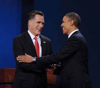 U.S. President Barrack Obama (R) and Republican presidential candidate Mitt Romney attend the first presidential debate at Denver University, Denver, Colorado, the United States, Oct. 3, 2012. [Photo: Xinhua]  