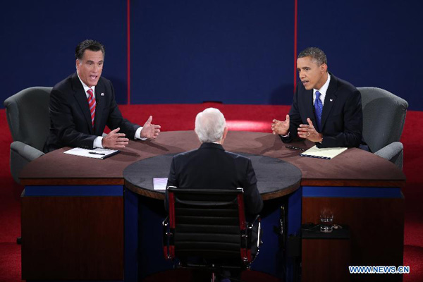 U.S. President Barack Obama (R) and Republican presidential candidate Mitt Romney (L) attend their third and final presidential debate at Lynn University in Boca Raton, Florida, on Oct. 22, 2012. 