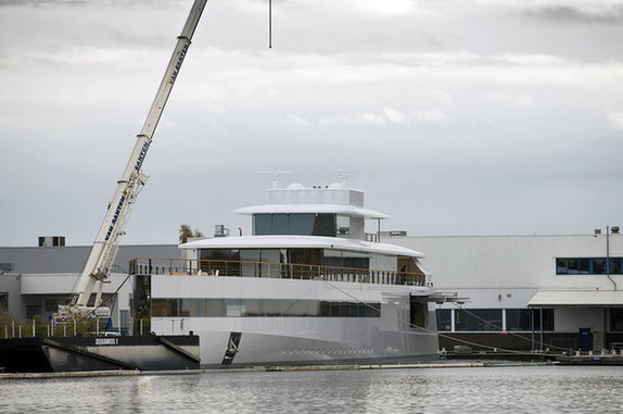 The luxury motor yacht commissioned by late Apple founder Steve Jobs is docked at the De Vries shipyard in Aalsmeer, the Netherlands.