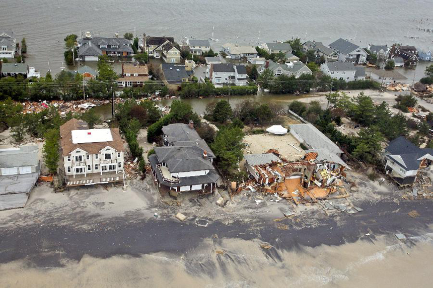 In this photo released by U.S. Department of Defense (DOD), aerial views during an Army search and rescue mission show damage from Hurricane Sandy to the New Jersey coast, Oct. 30, 2012.