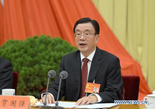 He Guoqiang, a member of the Standing Committee of the Political Bureau of the Communist Party of China (CPC) Central Committee, addresses the Eighth Plenary Session of the 17th Central Commission for Discipline Inspection (CCDI) of the CPC in Beijing, capital of China, on Nov. 4, 2012. [Xinhua] 