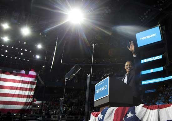President Barack Obama waves as he speaks to supporters at a campaign event at Nationwide Arena, Monday, Nov. 5, 2012, in Columbus, Ohio.