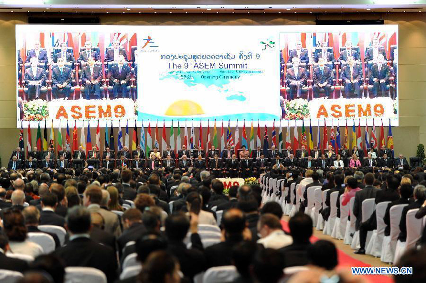 The opening ceremony of the 9th Asia-Europe Meeting (ASEM) Summit is held in Lao capital of Vientiane on Nov. 5, 2012. Chinese Premier Wen Jiabao attended the opening ceremony on Monday. 