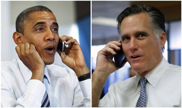A combination photograph shows US President Barack Obama making a phone call to a volunteer for his campaign during a visit to a campaign field office in Chicago, and Republican presidential nominee Mitt Romney (R) talking to the supervisor of a Wedny's Restaurant during an impromptu visit in Richmond Heights, Ohio respectively on election day, Nov 6, 2012. [Agencies] 