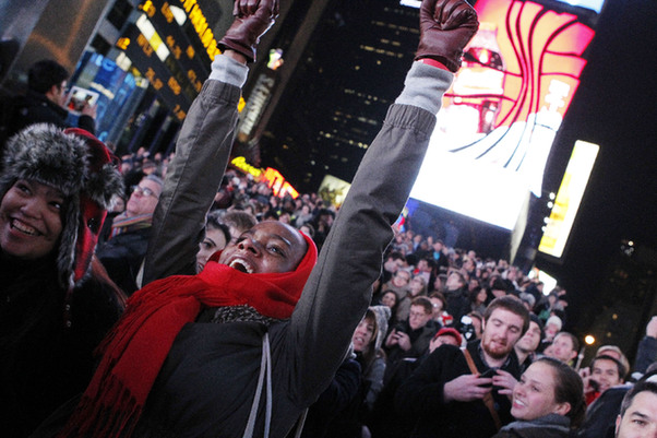 Supporters of US President Barack Obama celebrate as TV networks project victory for Obama on election night November 6, 2012 in Chicago, Illinois. [Xinhua] 