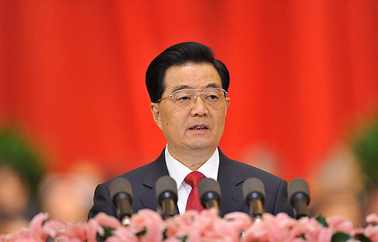 Hu Jintao, general secretary of the Central Committee of the Communist Party of China (CPC), makes a keynote report on behalf of the 17th CPC Central Committee during the opening ceremony of the 18th CPC National Congress at the Great Hall of the People in Beijing, on Nov. 8, 2012. [Xinhua Photo]