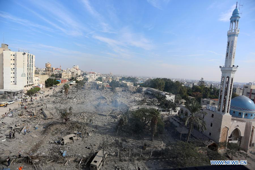 A destroyed compound of the internal security ministry is seen in Gaza City after it was targeted by an overnight Israeli air strike on Nov. 21, 2012.