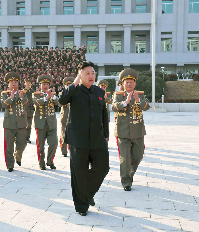 This photo provided by KCNA on Nov. 21, 2012 shows Kim Jong Un (Front), top leader of the Democratic People&apos;s Republic of Korea (DPRK), visits the Ministry of State Security, on Nov. 20, 2012. 