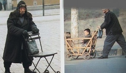 An elderly man (left) pushes a four-wheeled chair. Another elderly man (right) pushes a baby trolley with his young grandchild in it.