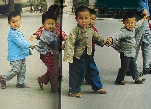 Six young children, led by an adult, stay close to each other while crossing a street. 