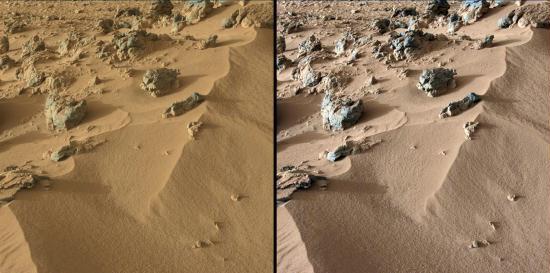 This pair of images from the Mast Camera on NASA's Curiosity rover shows the upper portion of a wind-blown deposit dubbed 'Rocknest.' [NASA]