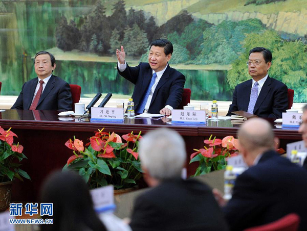 Xi Jinping, general secretary of the Communist Party of China (CPC) Central Committee, on Wednesday used his first meeting with foreign guests since his election to stress China&apos;s commitment to peaceful development and opening-up policy.