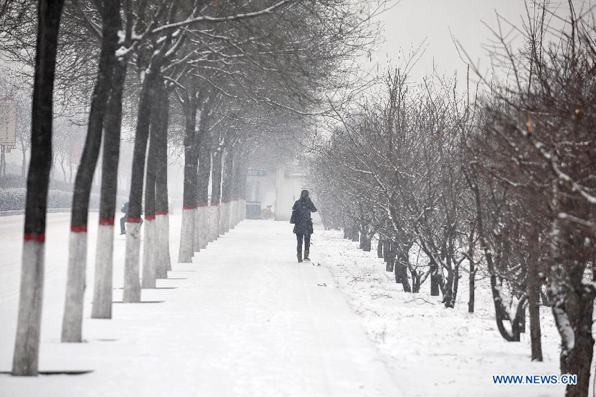 A citizen walks in snow in Taiyuan, capital of north China&apos;s Shanxi Province, Dec. 20, 2012. Many parts in Shanxi saw heavy snowfall on Thursday. 