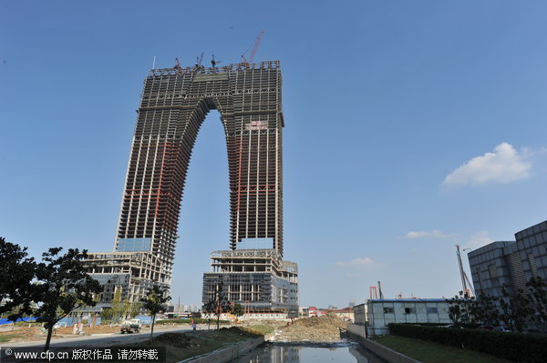 The Gate of the Orient building in Suzhou, Jiangsu province, was dubbed 'giant long-johns' by Internet users, mocking the structure's strange shape. [Photo/CFP]
