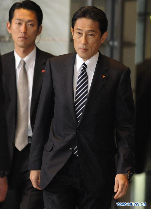 New foreign minister Fumio Kishida arrives at the prime minister&apos;s official residence in Tokyo, Japan, Dec. 26, 2012. Japan&apos;s new Chief Cabinet Secretary Yoshihide Suga on Wednesday announced members of a new cabinet led by Prime Minister Shinzo Abe, who just claimed the post in a special session of the Diet. 