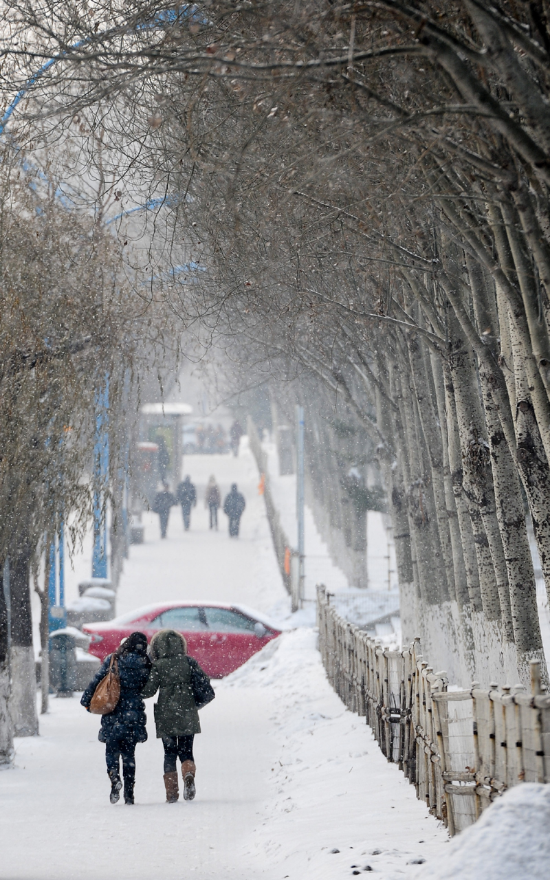 Pedestrians walk in snow on a street in Changchun, capital of northeast China&apos;s Jilin Province, Dec. 28, 2012. Most parts of Jilin on Friday saw a snowfall, which would be followed by a significant temperature drop on Saturday. 