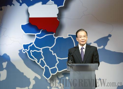 Chinese Premier Wen Jiabao addresses the China-Central and Eastern Europe Business Forum in Warsaw, Poland, on April 26, 2012 .