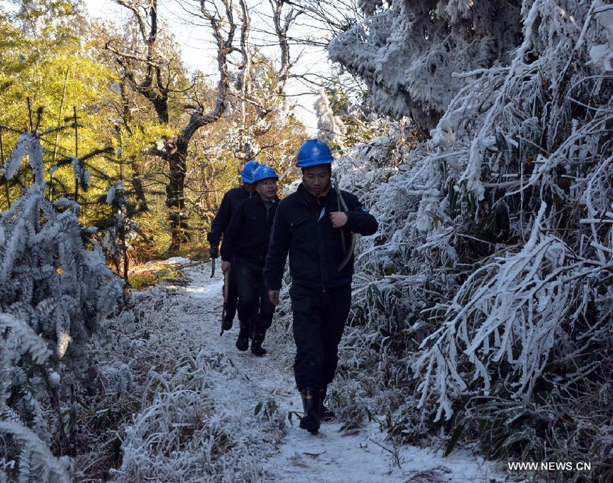 Staff members of local power supply bureau check the power transmission lines in Nanping City, southeast China&apos;s Fujian Province, Jan. 5, 2013. Nanping Power Supply Bureau took measures to repair the mal-functioned power transmission lines affected by the freezing rain and snow weather here in recent days.