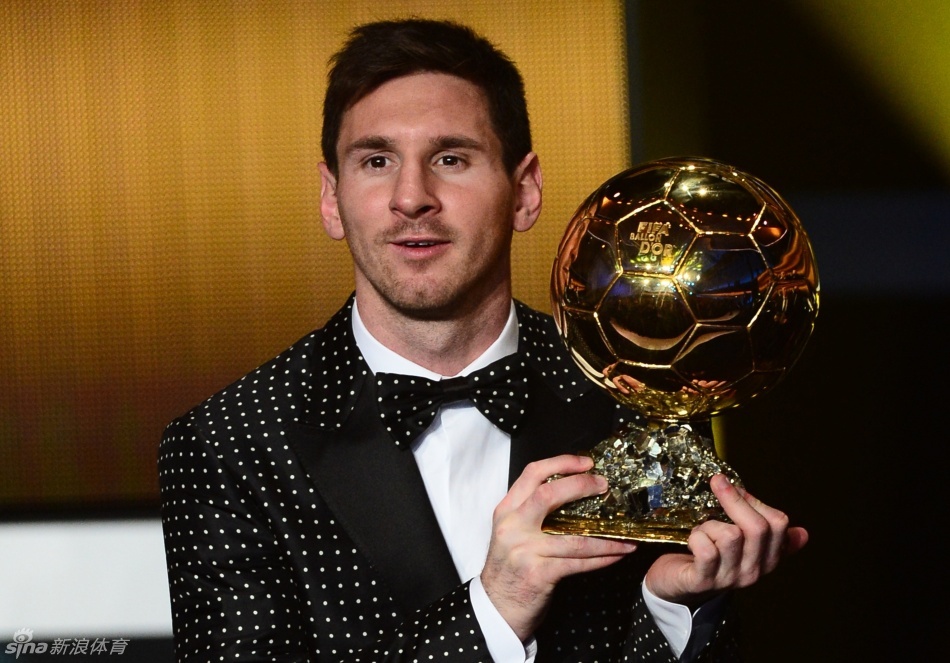 Lionel Messi grasps the FIFA Ballon d'Or trophy.