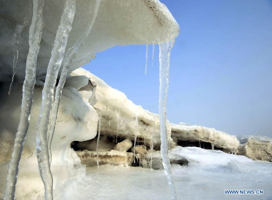 A cold snap has led to a layer of thick sea ice in large areas of the Bohai Sea and the Yellow Sea.