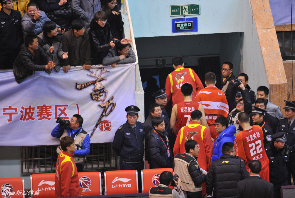 Qingdao players and coaches leave the court and go back to the locker room in protest of the referees' controversial decisions during their CBA League game against Bayi Fubang in Ningbo, Zhejiang province, Jan 9, 2012. [Photo/CFP] 