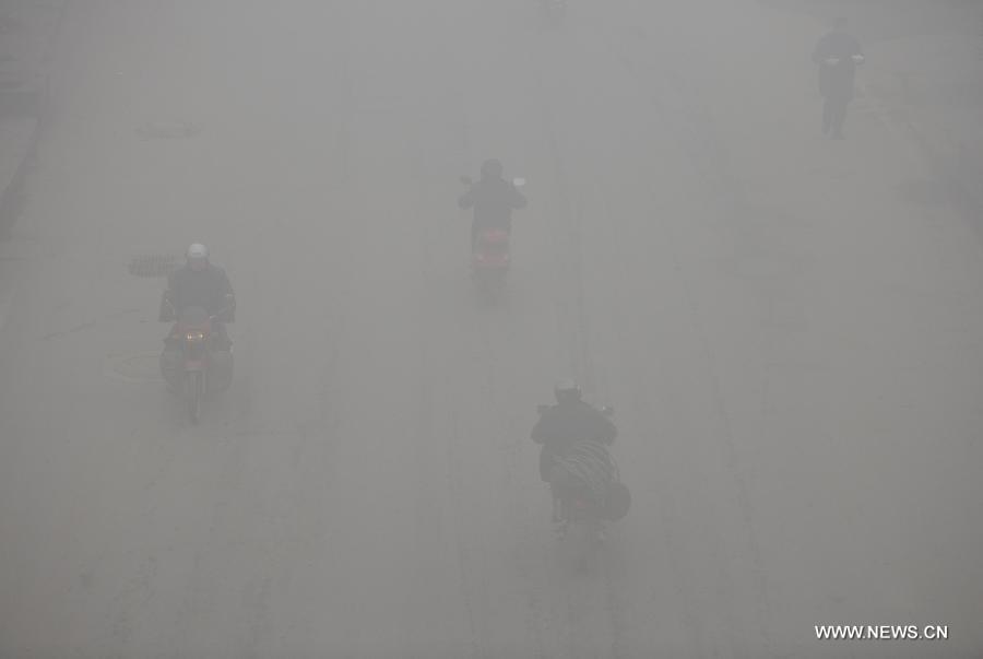 Citizens ride amid dense fog on a street in the Qingshanhu District of Nanchang City, capital of east China&apos;s Jiangxi Province, Jan. 12, 2013. A fog hit many parts of Jiangxi on Saturday. 