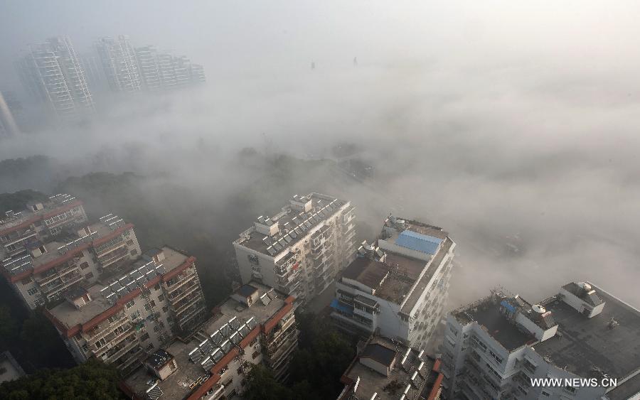 Buildings are seen amid dense fog in Wuhan City, capital of central China&apos;s Hubei Province, Jan. 12, 2013.