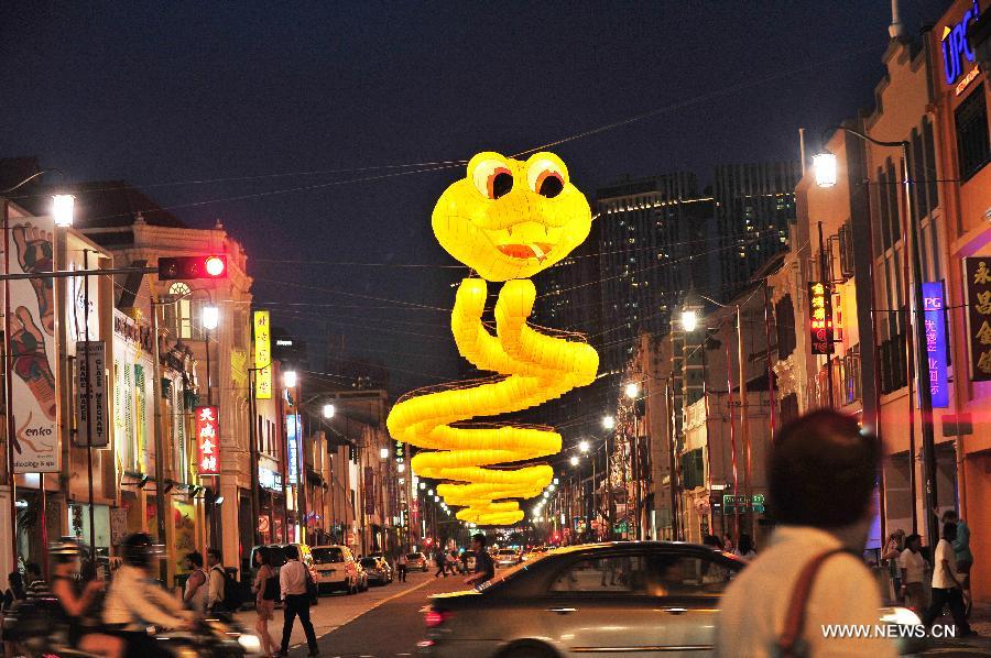 Picture taken on Jan. 15, 2013 shows a 300-meter-long snake-like lantern in South Bridge Road in Singapore. The New Year lanterns lit up first time for preview on Tuesday. 