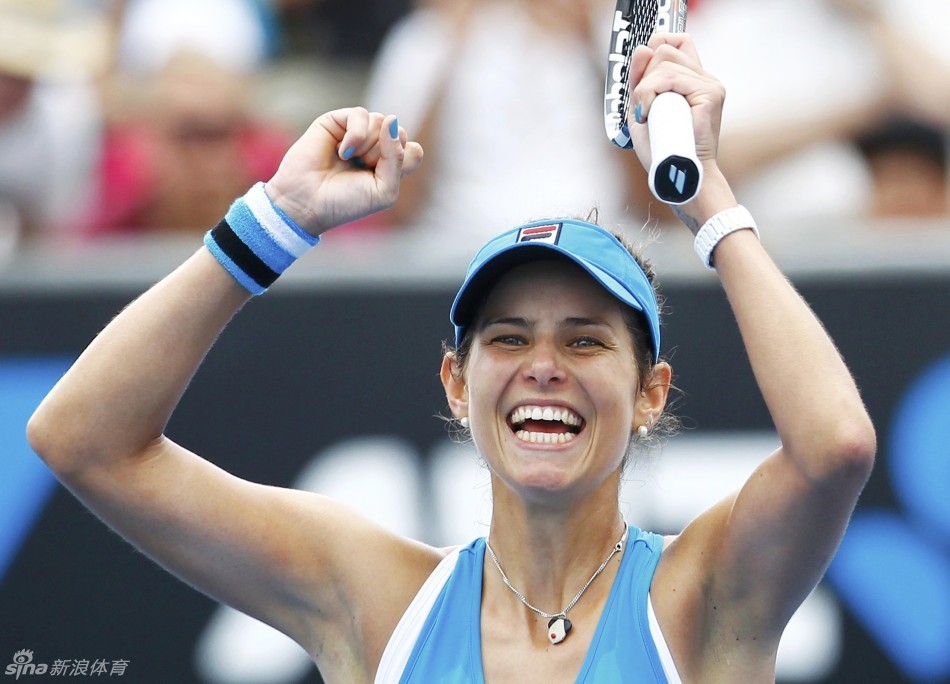 German Julia Goerges celebrates her victory Zheng Jie of China during the third round women's singles of 2013 Australian Open on Jan.18, 2013.