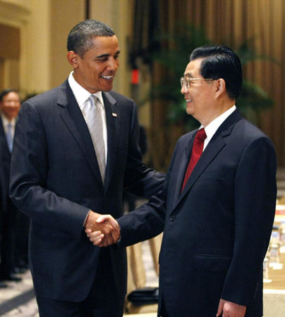  Chinese President Hu Jintao meets with US President Barack Obama in New York September 22, 2009. [File Photo]