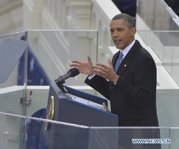 U.S. President Barack Obama delivers his inaugural address after he was sworn in for the second term during the presidential inauguration ceremony on the West Front of the U.S. Capitol in Washington D.C., the United States, on Jan. 21, 2013. [Xinhua] 