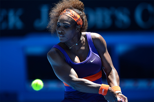 Serena Williams returns a ball to Sloane Stephens at Australian Open quarterfinals on Jan.23, 2013.