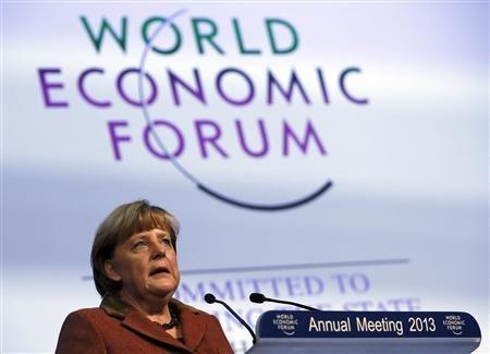 German Chancellor Angela Merkel addresses delegates during the annual meeting of the World Economic Forum (WEF) in Davos January 24, 2013. 