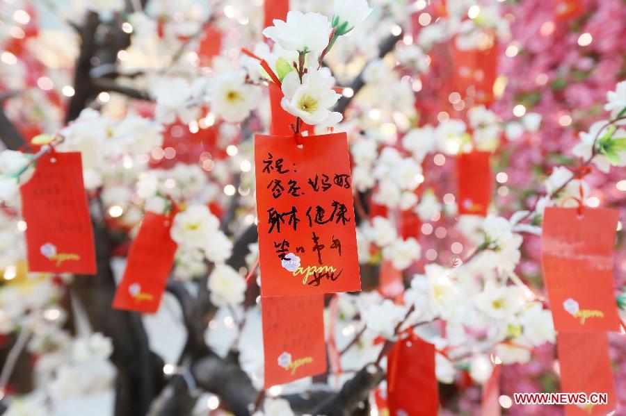 Cards with people's New Year wishes written on them are tied to a wishing tree at a shopping mall in Wangfujing, a commercial area in Beijing, capital of China, Jan. 26, 2013. (Xinhua/Luo Wei) 