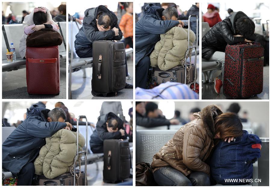 Combo photo taken on Jan. 26, 2013 shows passengers sleeping in the waiting hall as they wait to board a train at Yinchuan Railway Station, in Yinchuan, capital of northwest China's Ningxia Hui Autonomous Region