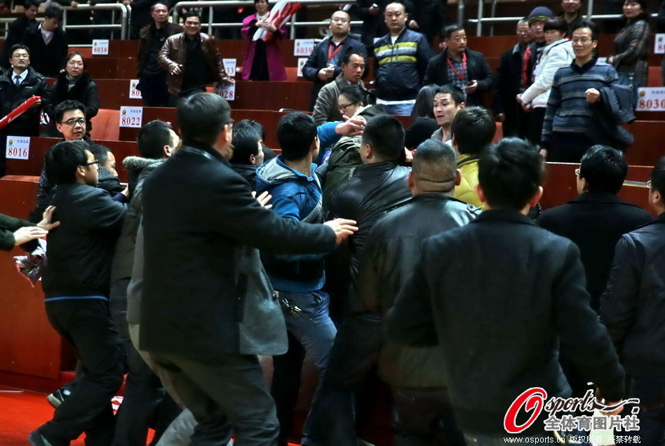 Fans attacked referees after Game 1 of the WCBA Finals between Zhejiang and Shanxi on Jan.29, 2013. Zhejiang lost the game at home 92-96. 