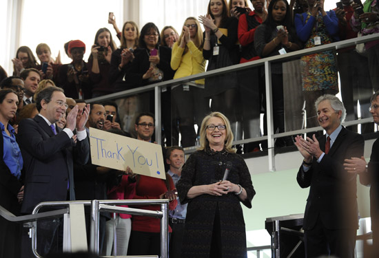 Outgoing U.S. Secretary of State Hillary Clinton speaks to State Department employees in Washington D.C. on Feb. 1, 2013. Clinton, replaced by John Kerry as the next secretary of state, bid a final farewell to her staff Friday.