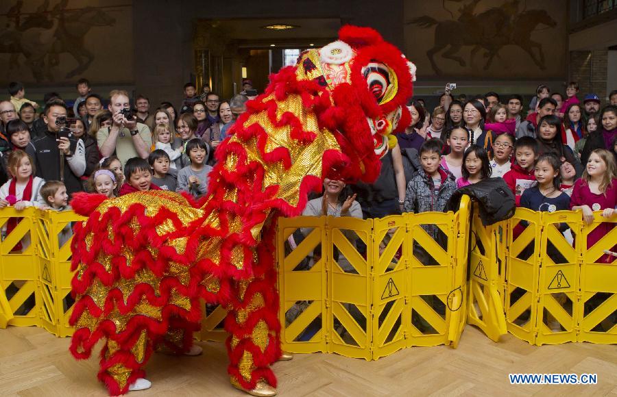 Visitors watch lion dance performance during the Chinese Cultural Heritage Day event at the Royal Ontario Museum in Toronto, Canada, Feb. 2, 2013. 