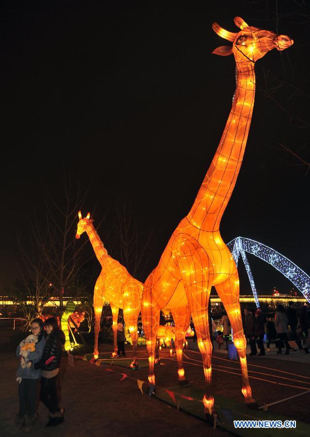 Visitors pose for photos with festive lanterns during a lantern show in Changsha, capital of central China's Hunan Province, Feb. 5, 2013. 