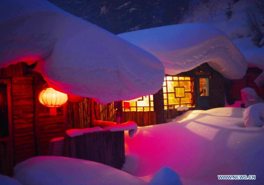 Photo taken on Feb. 2, 2013 shows the night scene of a hotel at the Shuangfeng Forest Farm in Mudanjiang City, northeast China's Heilongjiang Province.