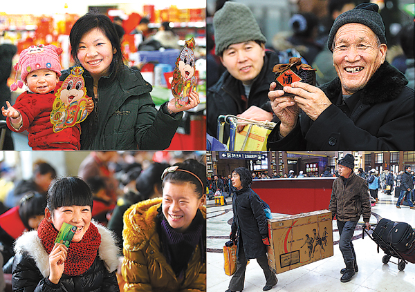 Spring Festival is an occasion for being with family and giving gifts. Passengers at Beijing Railway Station were in festive mood as they traveled with, clockwise from left, a new member of the family, something to keep the chill at bay, a large TV and a bank card (with $300 credit). [Photo / China Daily]