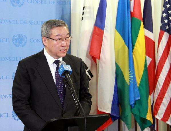South Korean Foreign Minister Kim Sung-Hwan, whose country holds the rotating council presidency for February, speaks during a press conference at the United Nations headquarters in New York, Feb. 12, 2013. 