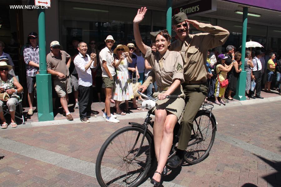 A vintage bike is seen in the Vintage Car Parade in Napier, New Zealand, Feb. 16, 2013