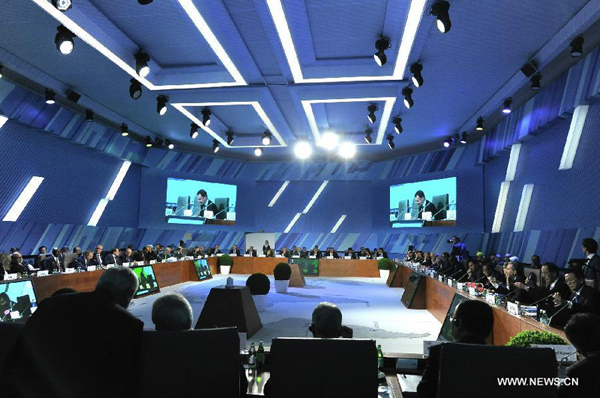 Photo taken on Feb. 16, 2013 shows the scene of the Group of 20 (G20) Meeting of Finance Ministers and Central Bank Governors in Moscow, Russia. The two-day meeting concluded here on Saturday.