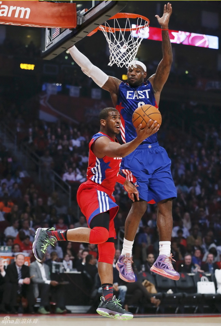 NBA All-Star LeBron James of the Miami Heat tries to block NBA All-Star Chris Paul of Los Angeles Clippers during the NBA All-Star basketball game in Houston, Texas, February 17, 2013.